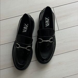 Zara women Glossy Black Loafers with Silver Accent